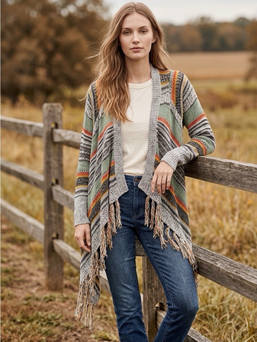 Poof! Boho Western Cardigan Sweater with Fringe